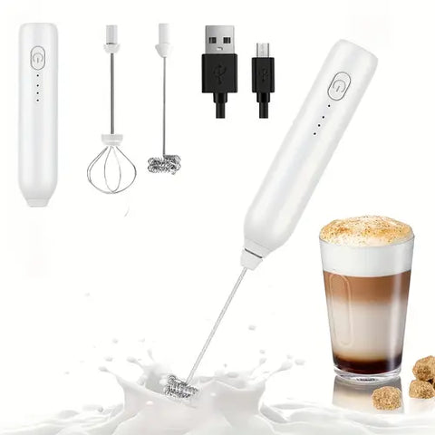 3-Speed Electric Milk Frother & Handheld Mixer – USB Rechargeable, 2 Optional Heads for Coffee, Cappuccino, Chocolate, and Eggs, Quiet Stainless Steel Mini Blender