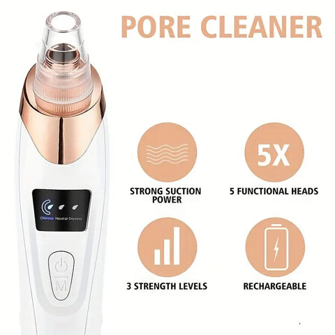 Blackhead Removal Machine Derma Suction 5 In 1 Black Head Remover Machine Acne Pimple Pore Cleaner Vacuum Tool Rechargeable Machine Oil Remover Multi-Functional Skin Care Tools Facial Beauty Device Whitehead Remover Deep face dust Cleaner