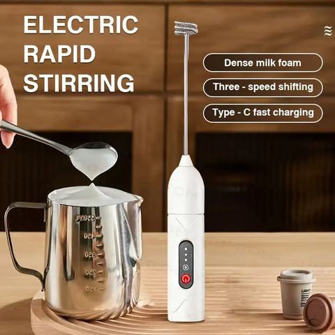 3-Speed Electric Milk Frother & Handheld Mixer – USB Rechargeable, 2 Optional Heads for Coffee, Cappuccino, Chocolate, and Eggs, Quiet Stainless Steel Mini Blender