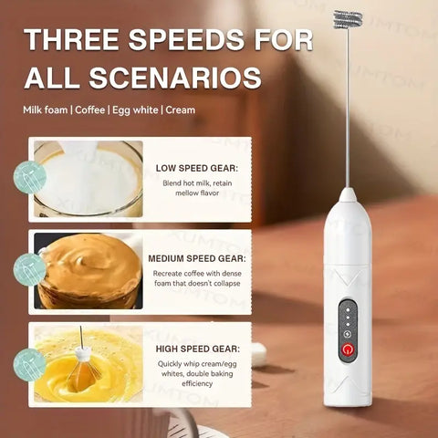 3-Speed Electric Milk Frother & Handheld Mixer – USB Rechargeable, 2 Optional Heads for Coffee, Cappuccino, Chocolate, and Eggs, Quiet Stainless Steel Mini Blender