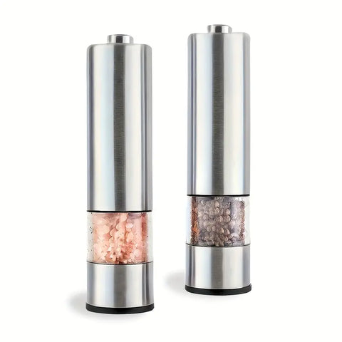 Electric Pepper and Salt Grinder Set, Adjustable Coarseness, with LED Light, One Hand Automatic Operation, Stainless Steel, 2pcs