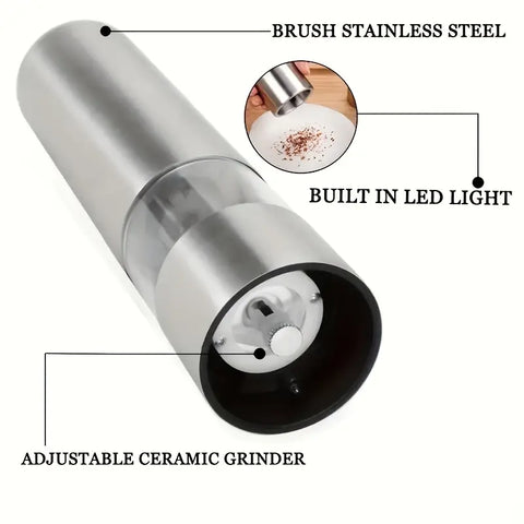 Electric Pepper and Salt Grinder Set, Adjustable Coarseness, with LED Light, One Hand Automatic Operation, Stainless Steel, 2pcs
