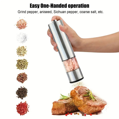 Electric Pepper and Salt Grinder Set, Adjustable Coarseness, with LED Light, One Hand Automatic Operation, Stainless Steel, 2pcs