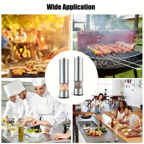 Electric Pepper and Salt Grinder Set, Adjustable Coarseness, with LED Light, One Hand Automatic Operation, Stainless Steel, 2pcs