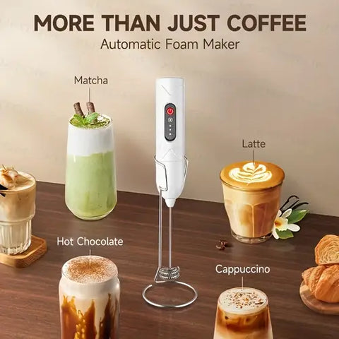 3-Speed Electric Milk Frother & Handheld Mixer – USB Rechargeable, 2 Optional Heads for Coffee, Cappuccino, Chocolate, and Eggs, Quiet Stainless Steel Mini Blender